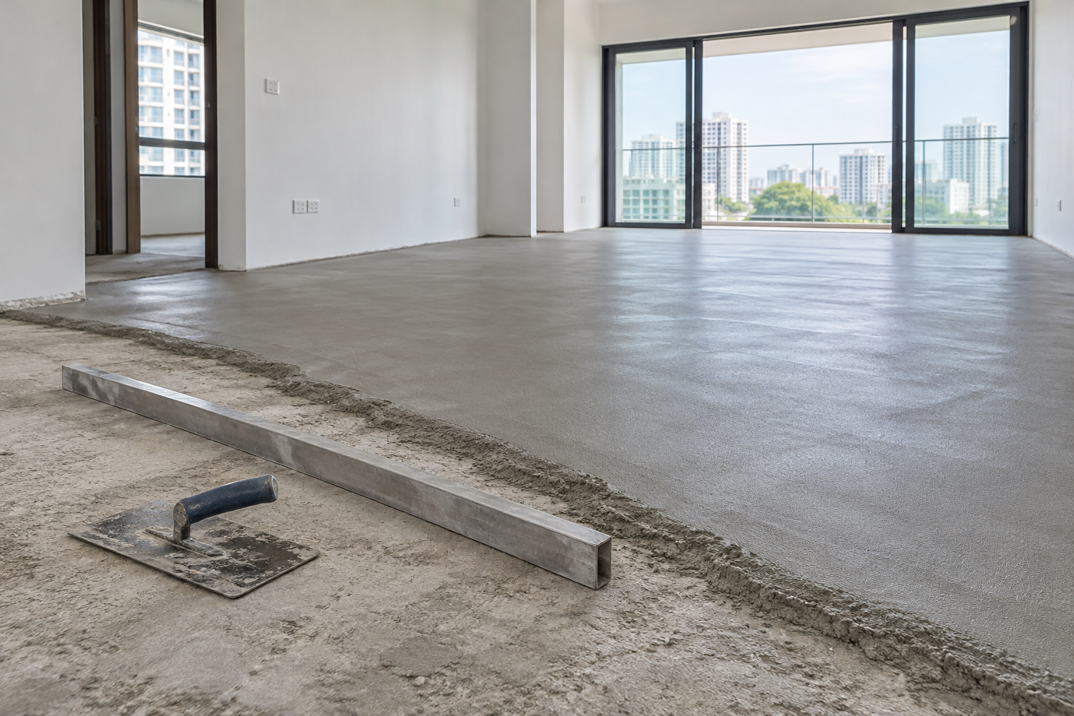 Fresh cement screed being levelled in a bright Singapore apartment before flooring installation