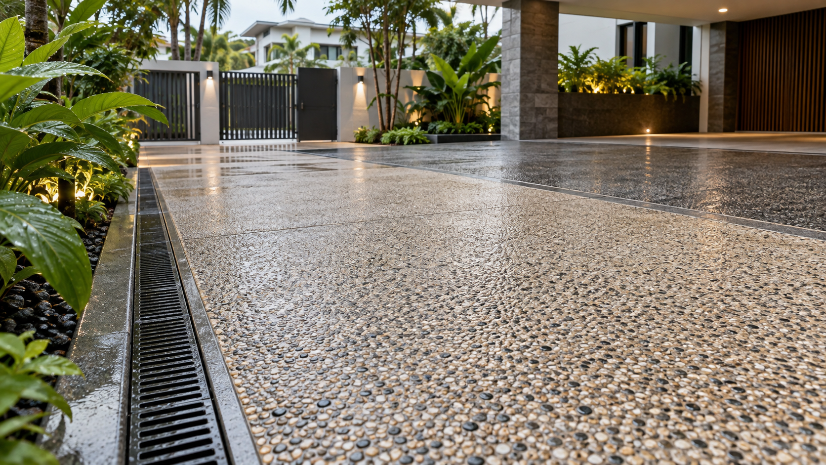Finished pebble wash surface with drainage at a contemporary Singapore home entrance