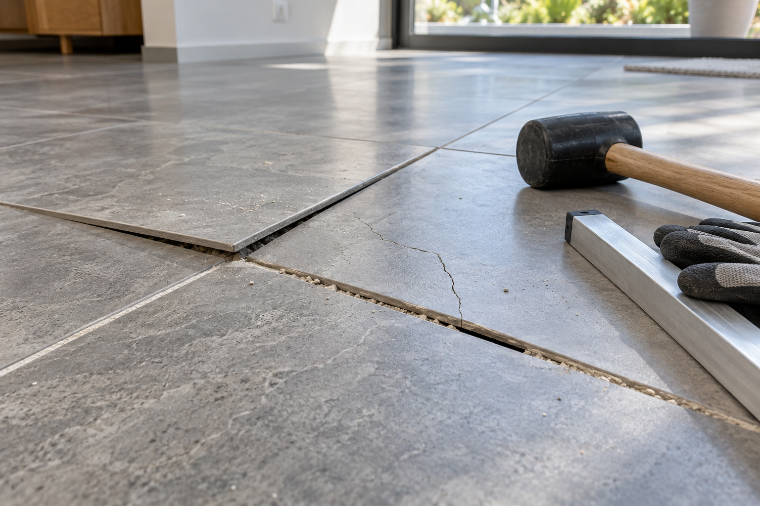 Lifted and cracked floor tiles prepared for a professional inspection