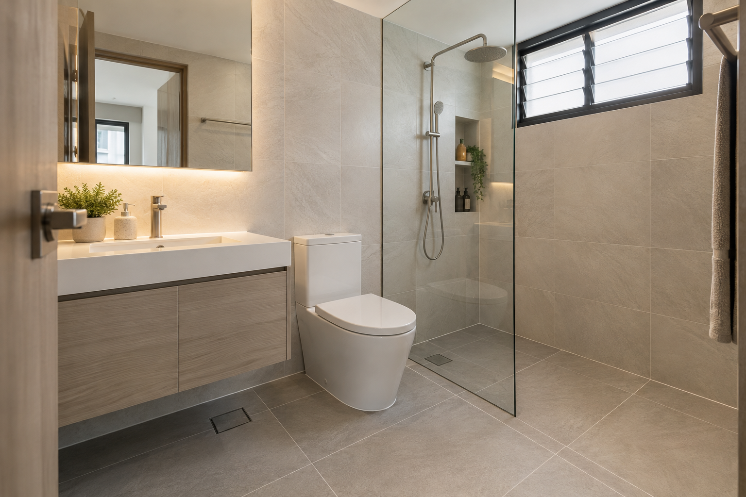 Newly renovated Singapore apartment bathroom with carefully aligned wall and floor tiles