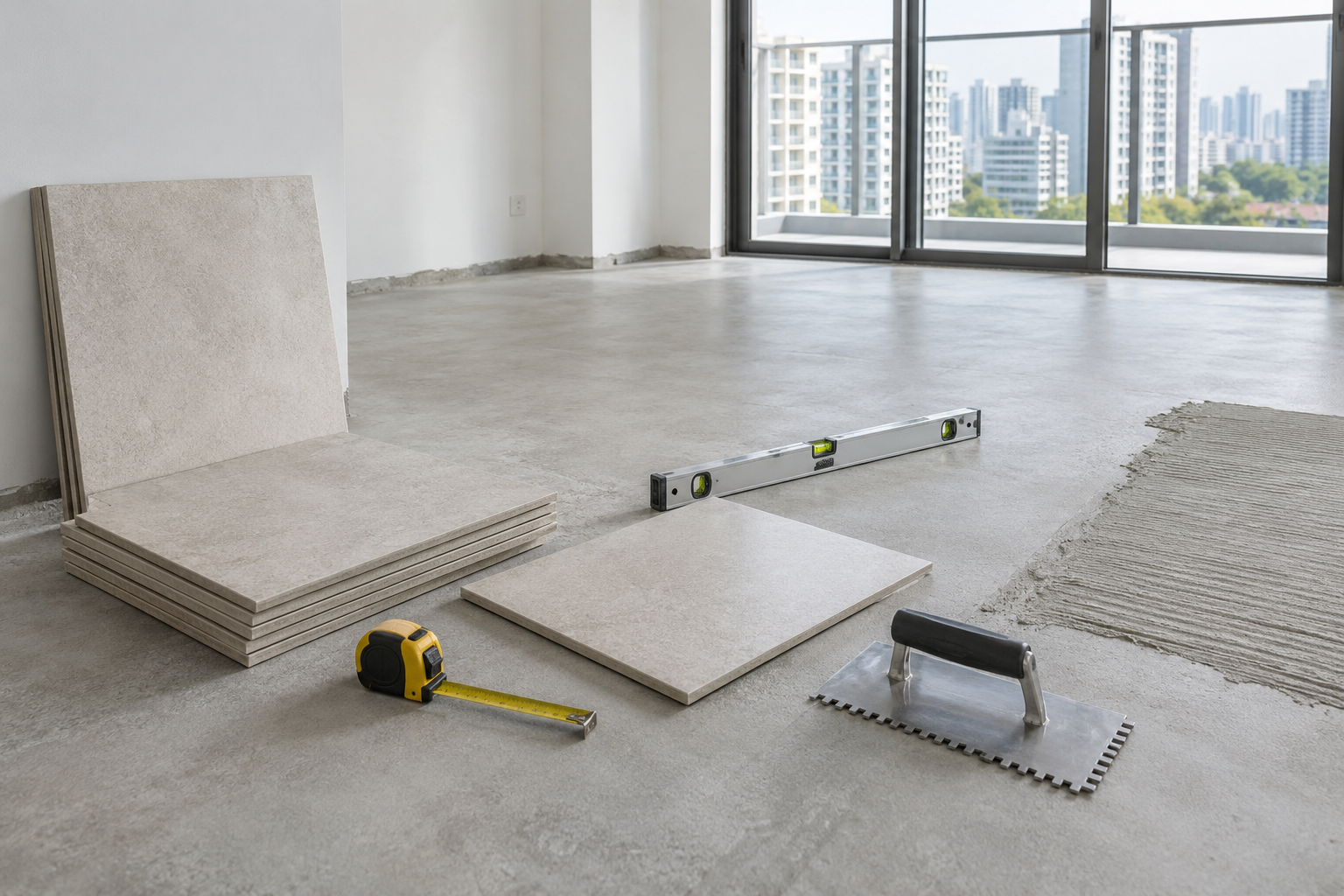 Tile samples and professional measuring tools arranged on a prepared residential floor