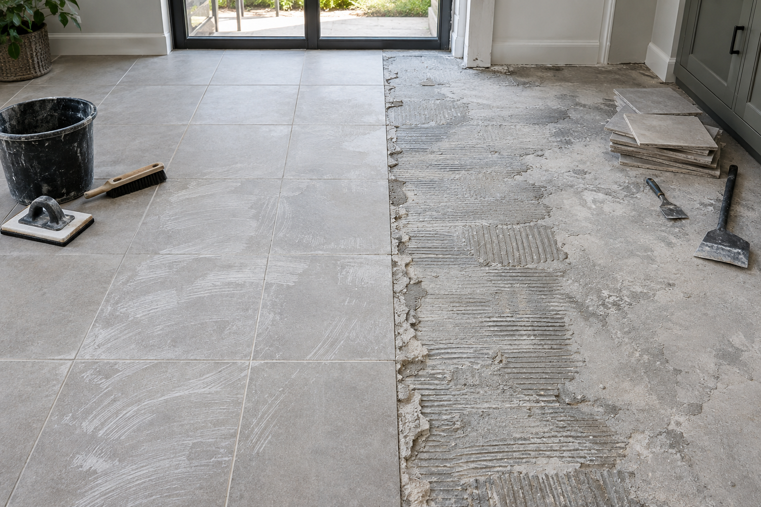 Existing floor tiles beside a professionally exposed substrate during renovation